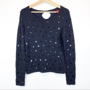 Saks‎ Fifth Ave Navy Blue with Black Sequined Polkadots Keyhole Sweater